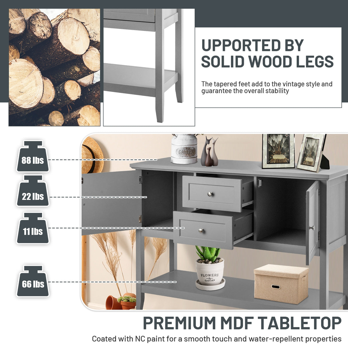 Wooden Sideboard Buffet Console Table with Drawers and Storage-Gray