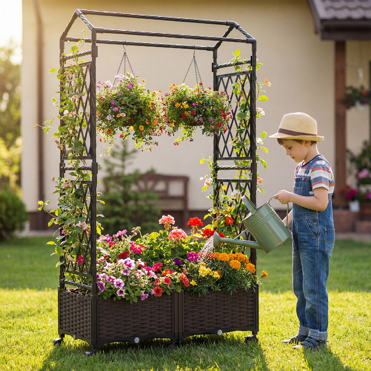 5.5 FT Self-Watering Planter Boxes with Lattice Trellis and Roof-Brown
