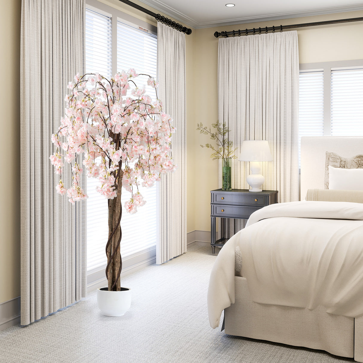 5.5 FT Tall Artificial Cherry Blossom Tree with Pink/White Flowers 1 Pack-White