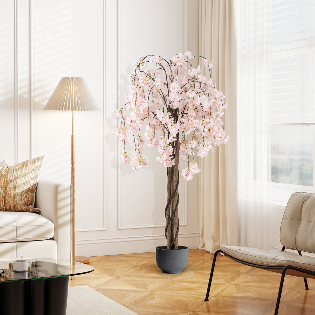 5.5 FT Tall Artificial Cherry Blossom Tree with Pink/White Flowers 2 Pack-White