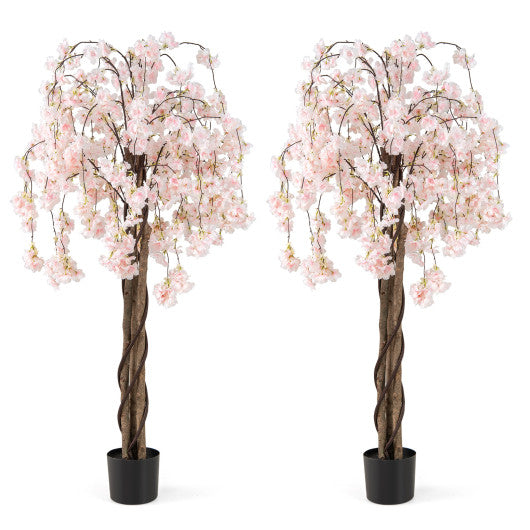 5.5 FT Tall Artificial Cherry Blossom Tree with Pink/White Flowers 2 Pack-White