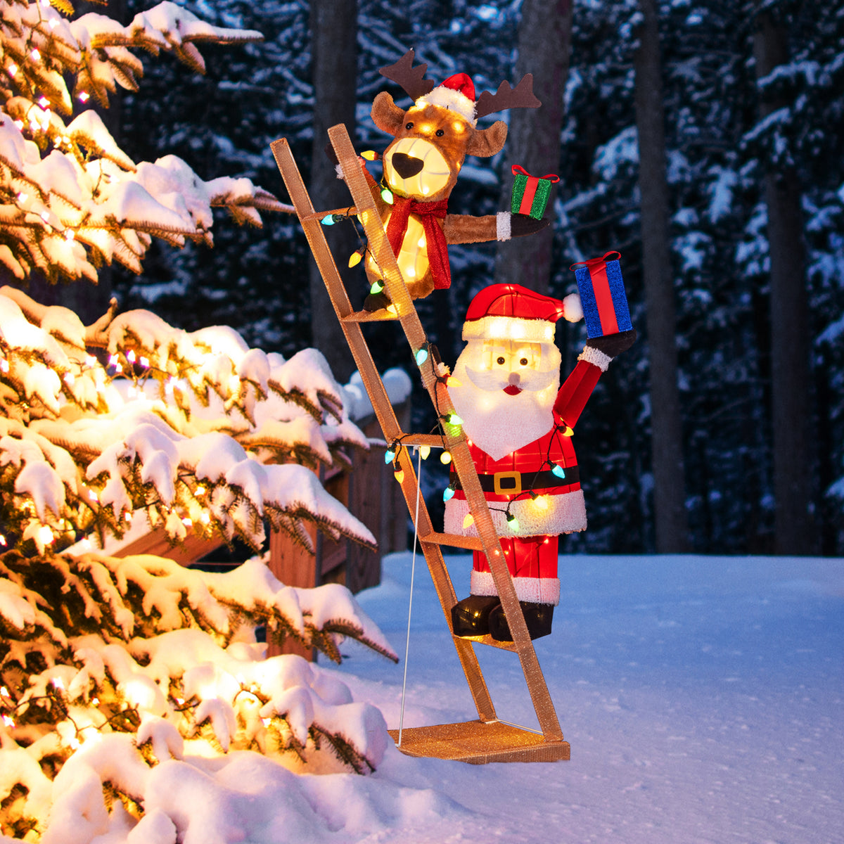 5.5 Feet Christmas Lighted Reindeer and Santa Claus on Ladder with 100 LED Lights
