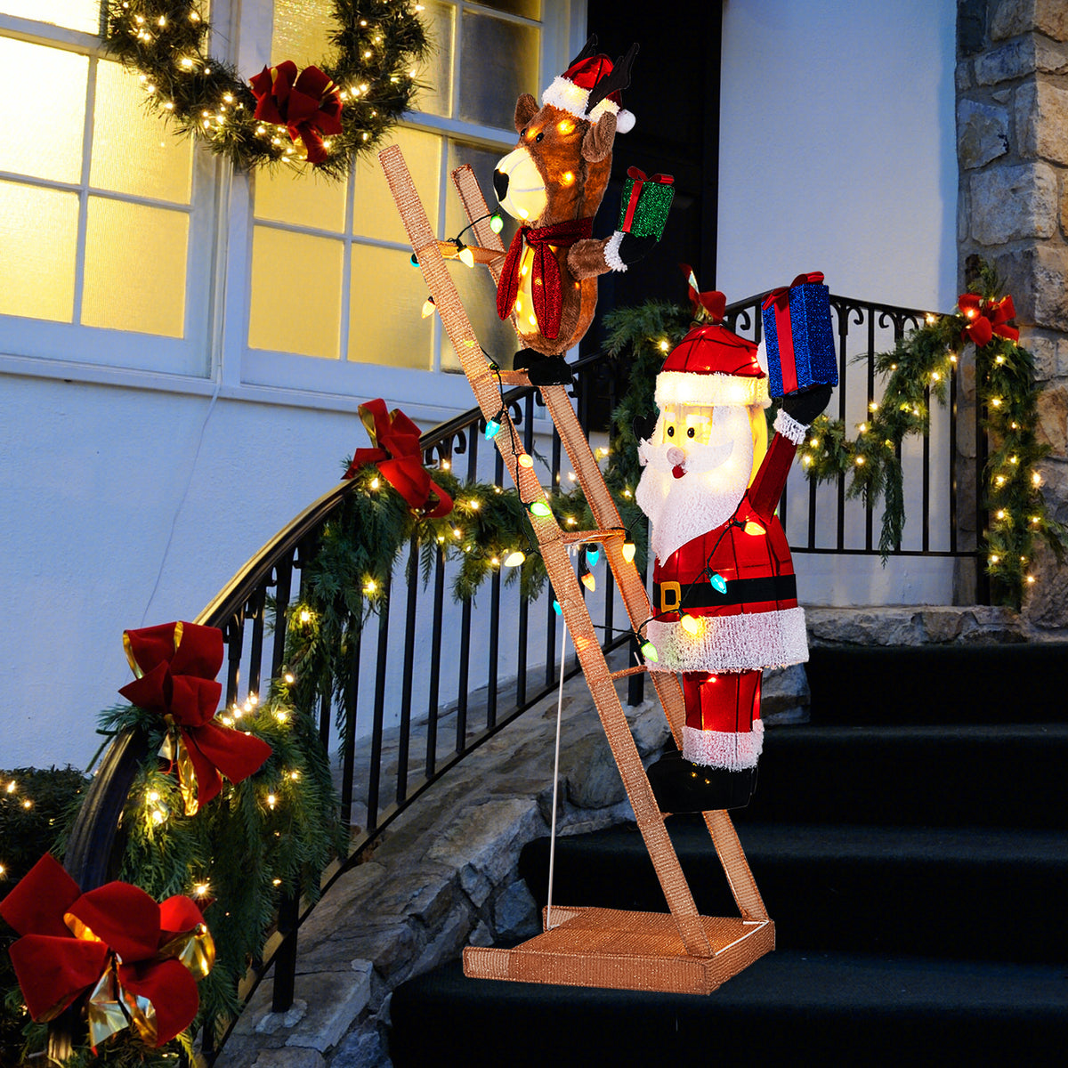 5.5 Feet Christmas Lighted Reindeer and Santa Claus on Ladder with 100 LED Lights