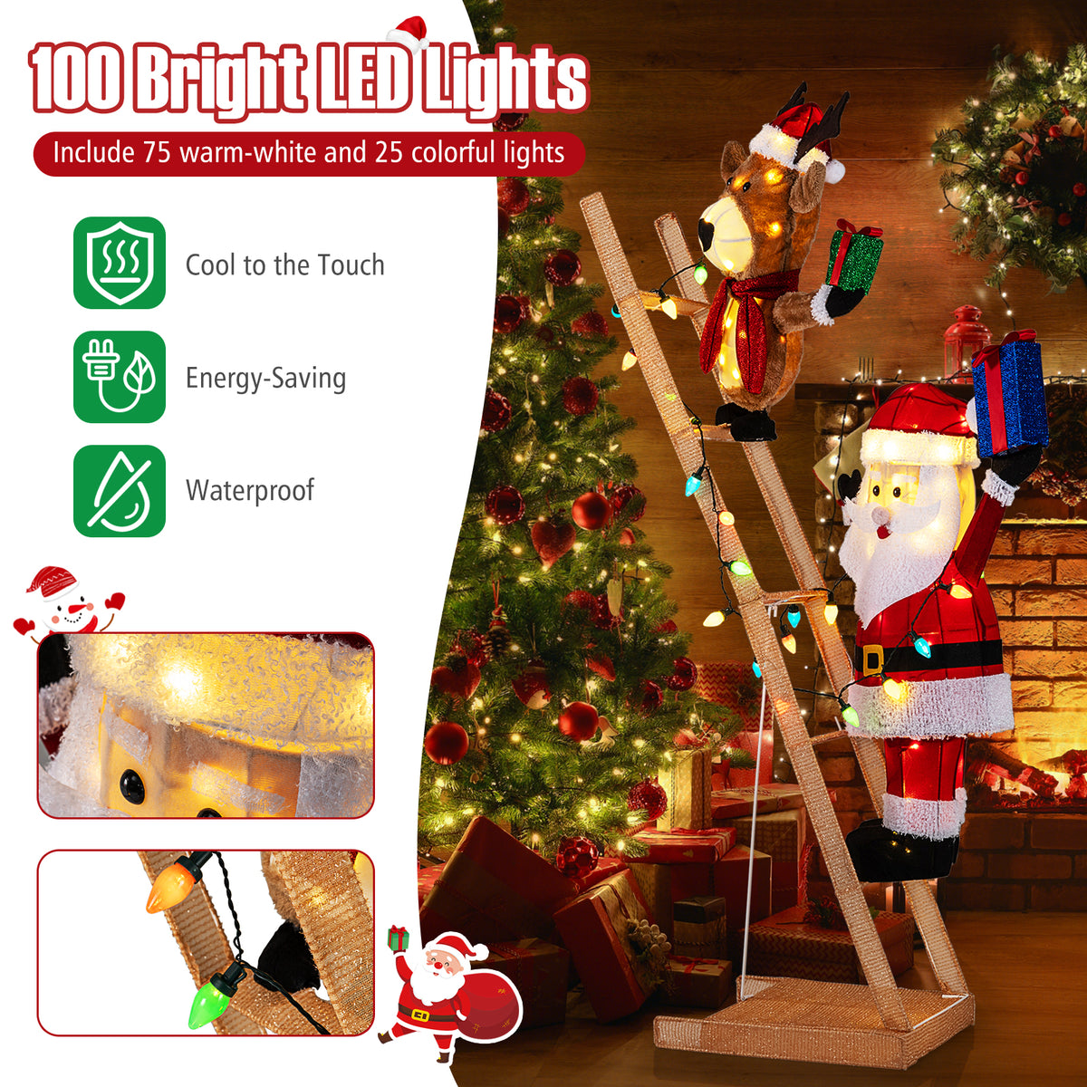 5.5 Feet Christmas Lighted Reindeer and Santa Claus on Ladder with 100 LED Lights