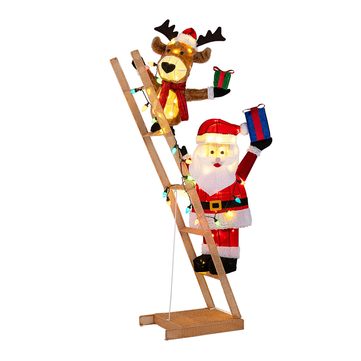 5.5 Feet Christmas Lighted Reindeer and Santa Claus on Ladder with 100 LED Lights
