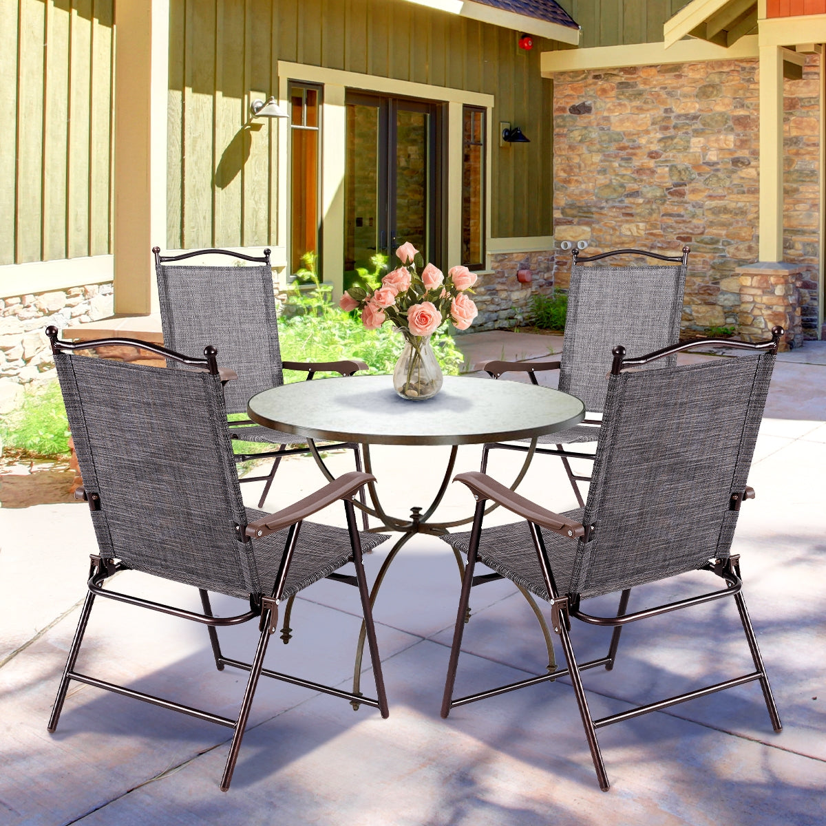 Set of 2 Patio Folding Sling Back Camping Deck Chairs-Black