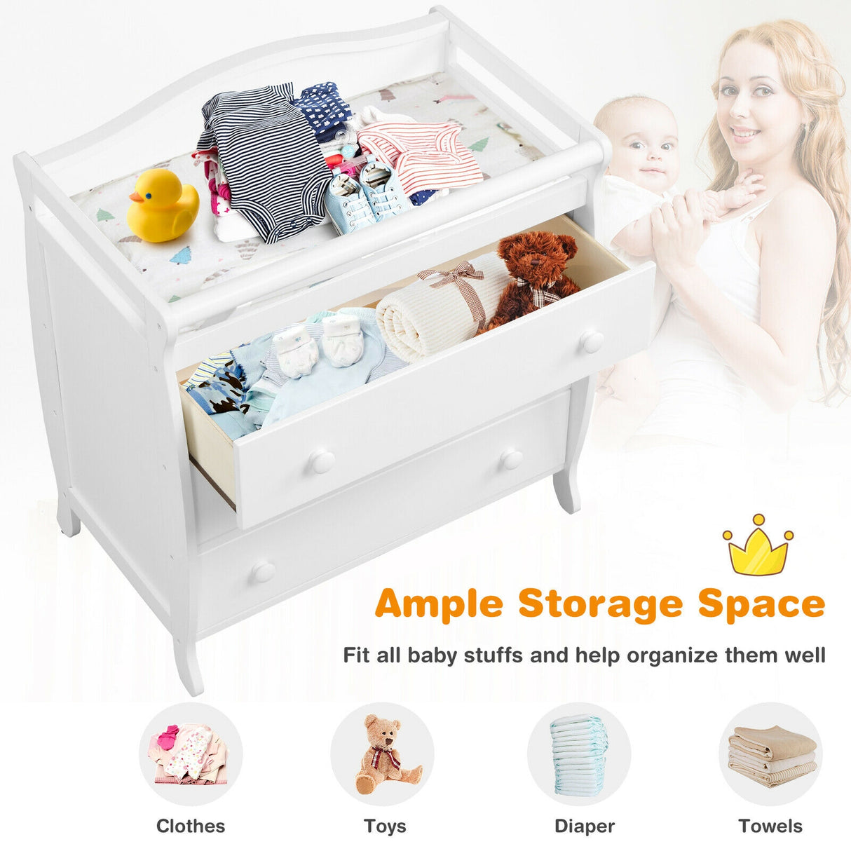 Baby Changing Table Infant Diaper with 3 Drawers and Safety Belt-Brown