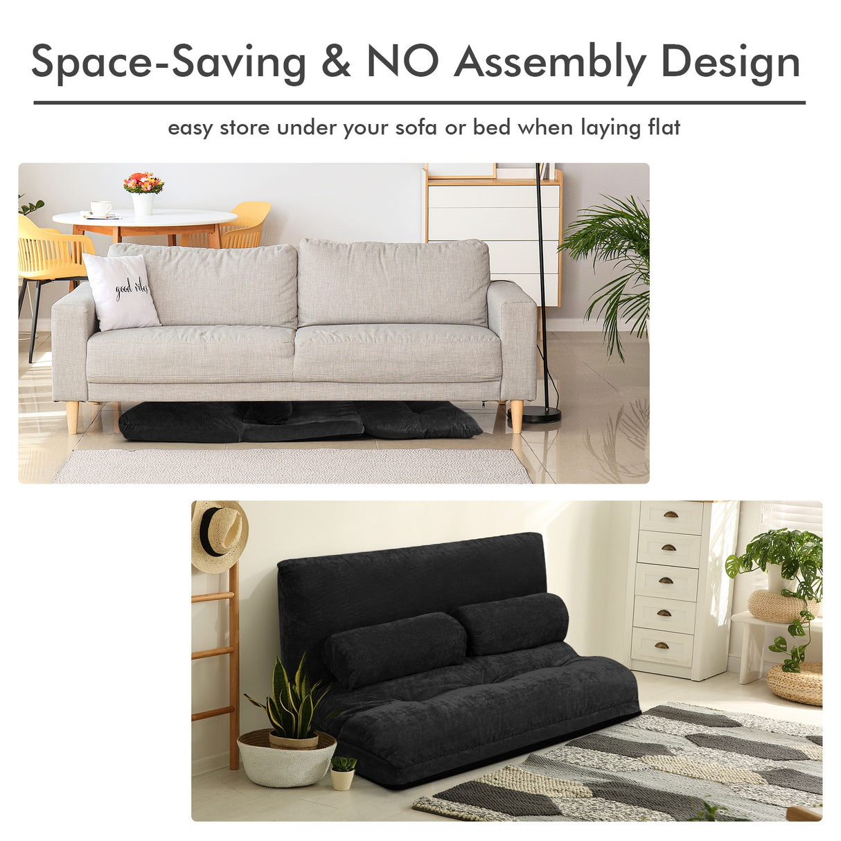 6-Position Adjustable Sleeper Lounge Couch with 2 Pillows-Beige