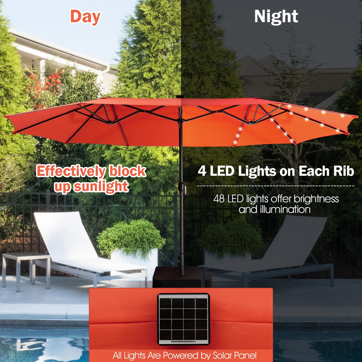 15 Feet Twin Patio Umbrella with 48 Solar LED Lights-Beige