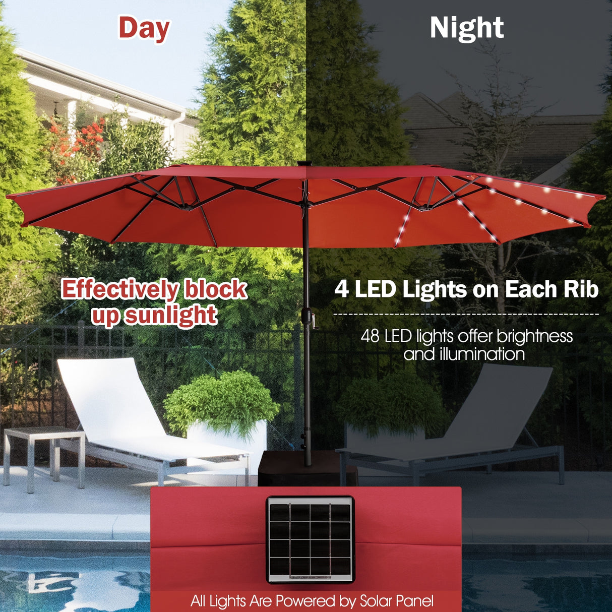 15 Feet Twin Patio Umbrella with 48 Solar LED Lights-Beige