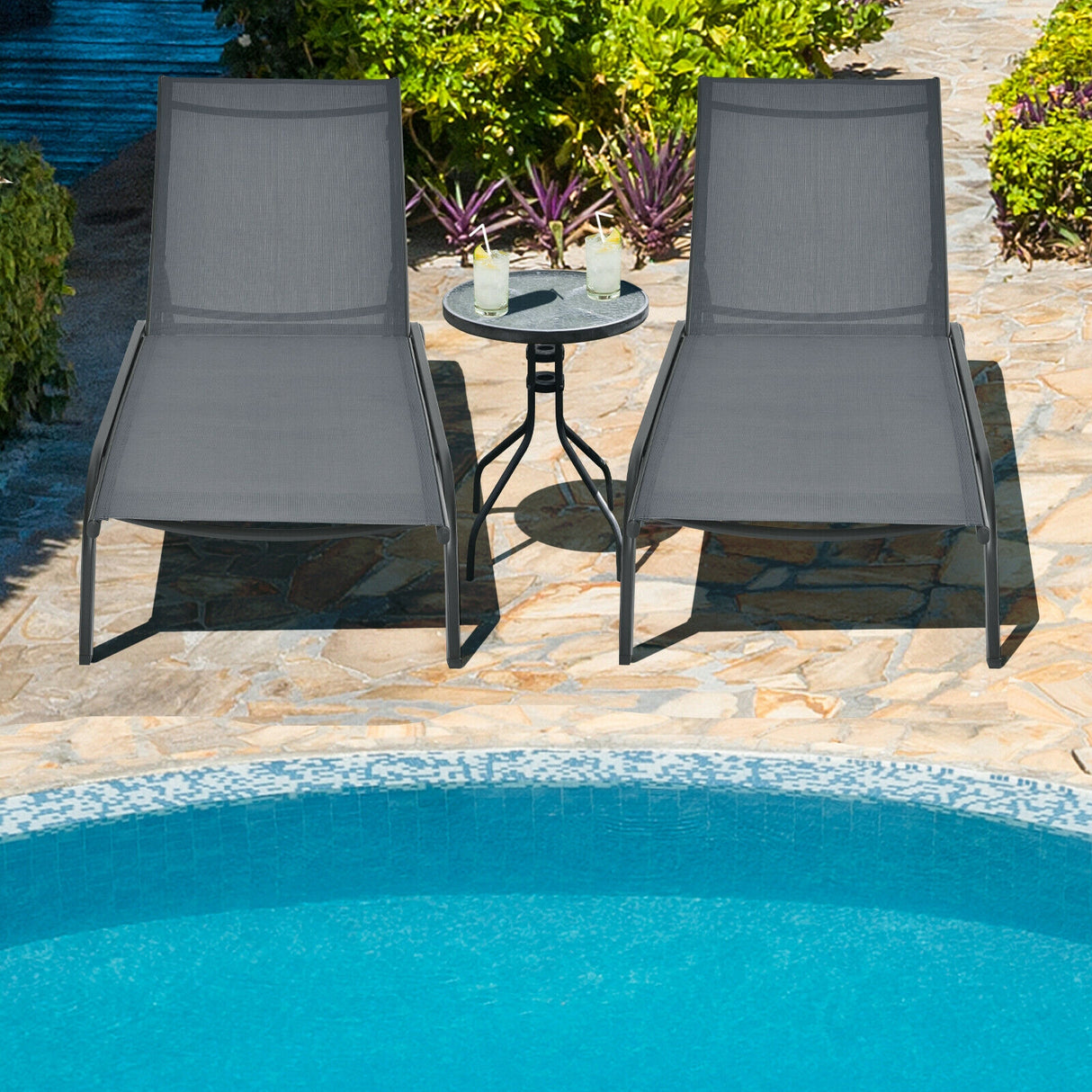 6-Poisition Adjustable Outdoor Chaise Recliner with Wheels-Black
