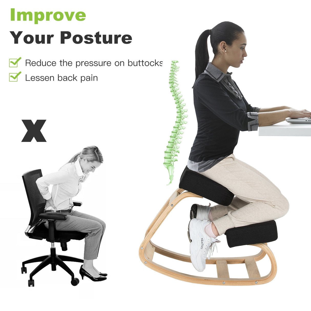 Ergonomic Kneeling Chair Rocking Office Desk Stool Upright Posture-Gray