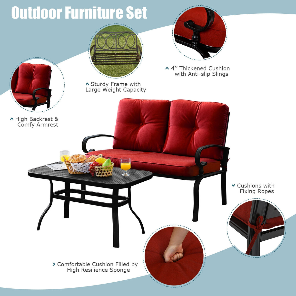 2PCS Patio Loveseat Bench Table Furniture Set with Cushioned Chair-Turquoise