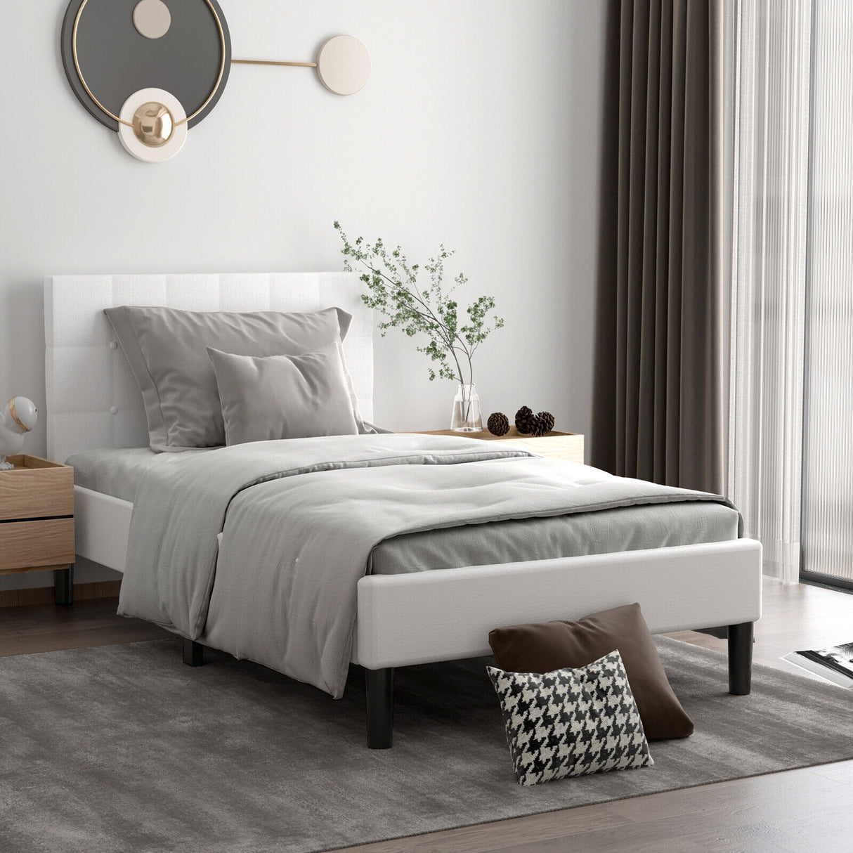 Platform Bed with Button Tufted Headboard-Gray