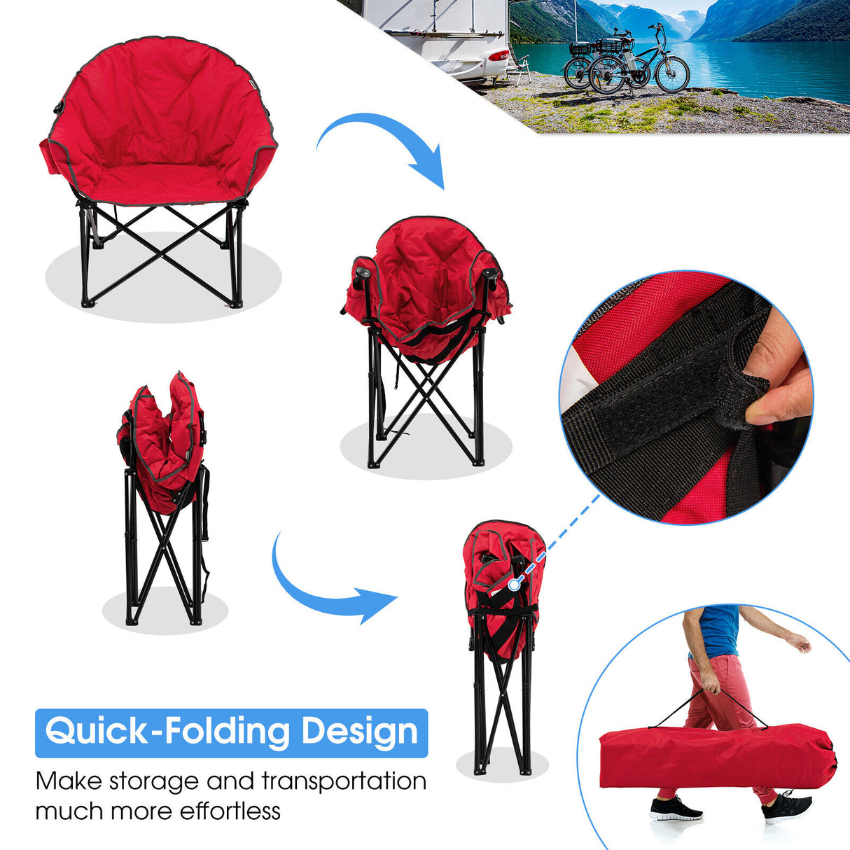 Folding Camping Moon Padded Chair with Carrying Bag-Gray