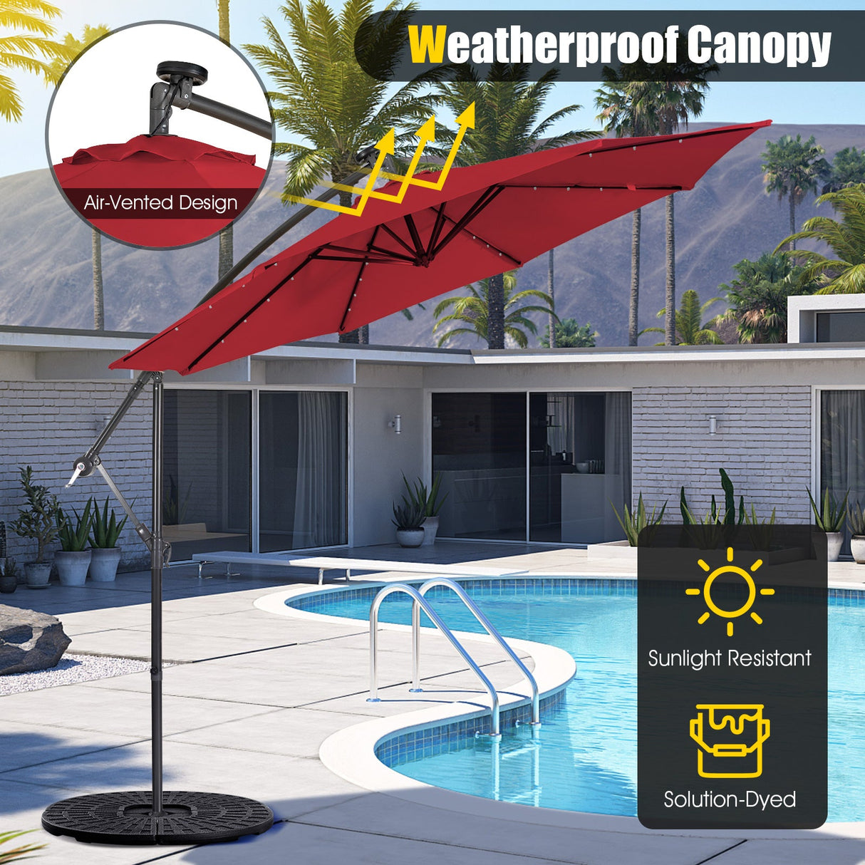 10 Feet Patio Solar Powered Cantilever Umbrella with Tilting System-Red by DirectDeals