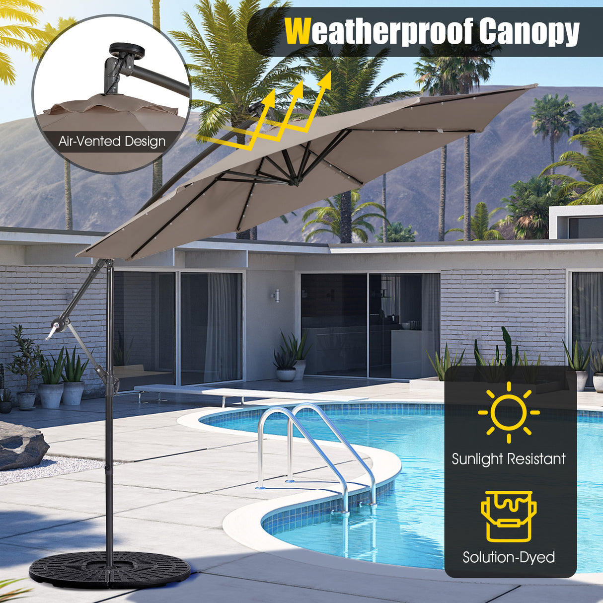 10 Feet Patio Solar Powered Cantilever Umbrella with Tilting System-Beige