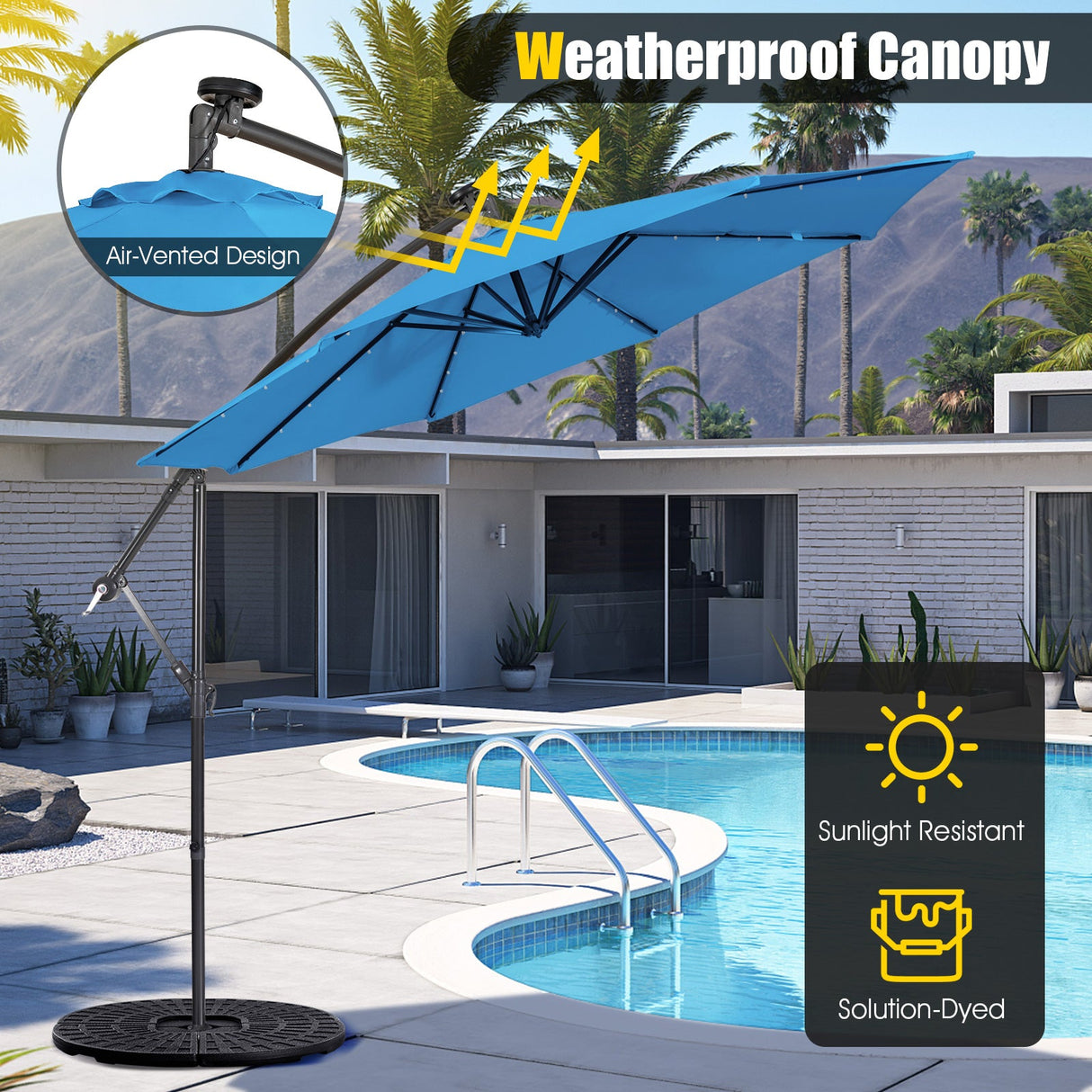 10 Feet Patio Solar Powered Cantilever Umbrella with Tilting System-Blue by DirectDeals