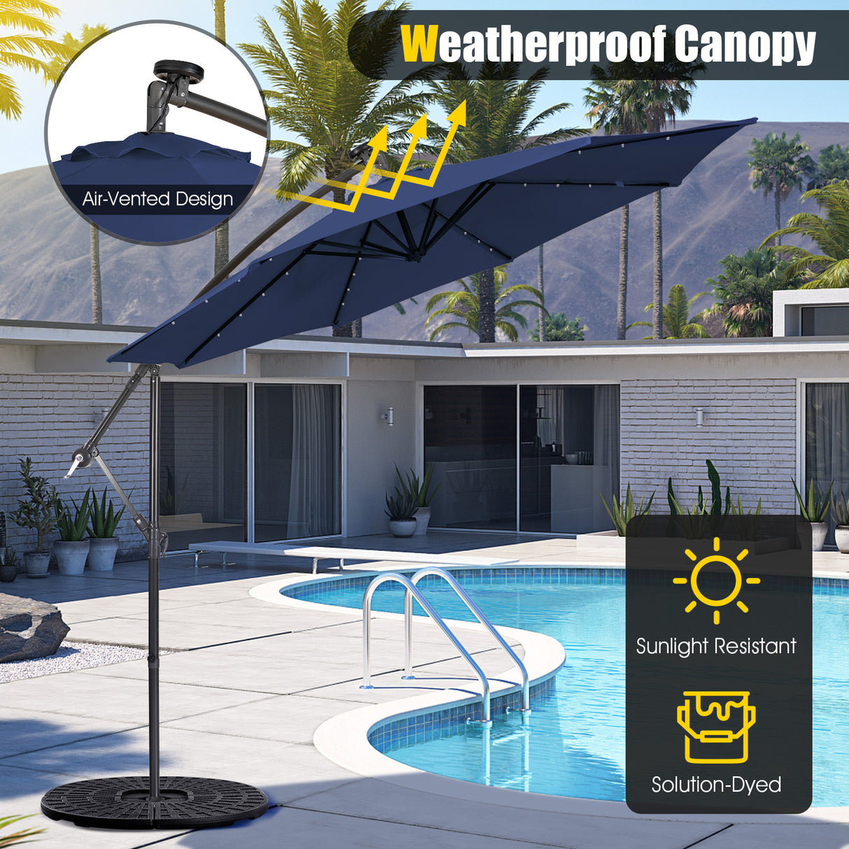 10 Feet Patio Solar Powered Cantilever Umbrella with Tilting System-Beige