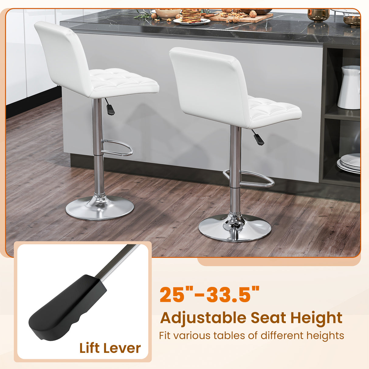 PU Leather Upholstered Bar Stools Set of 2 with Back and Adjustable Height-White