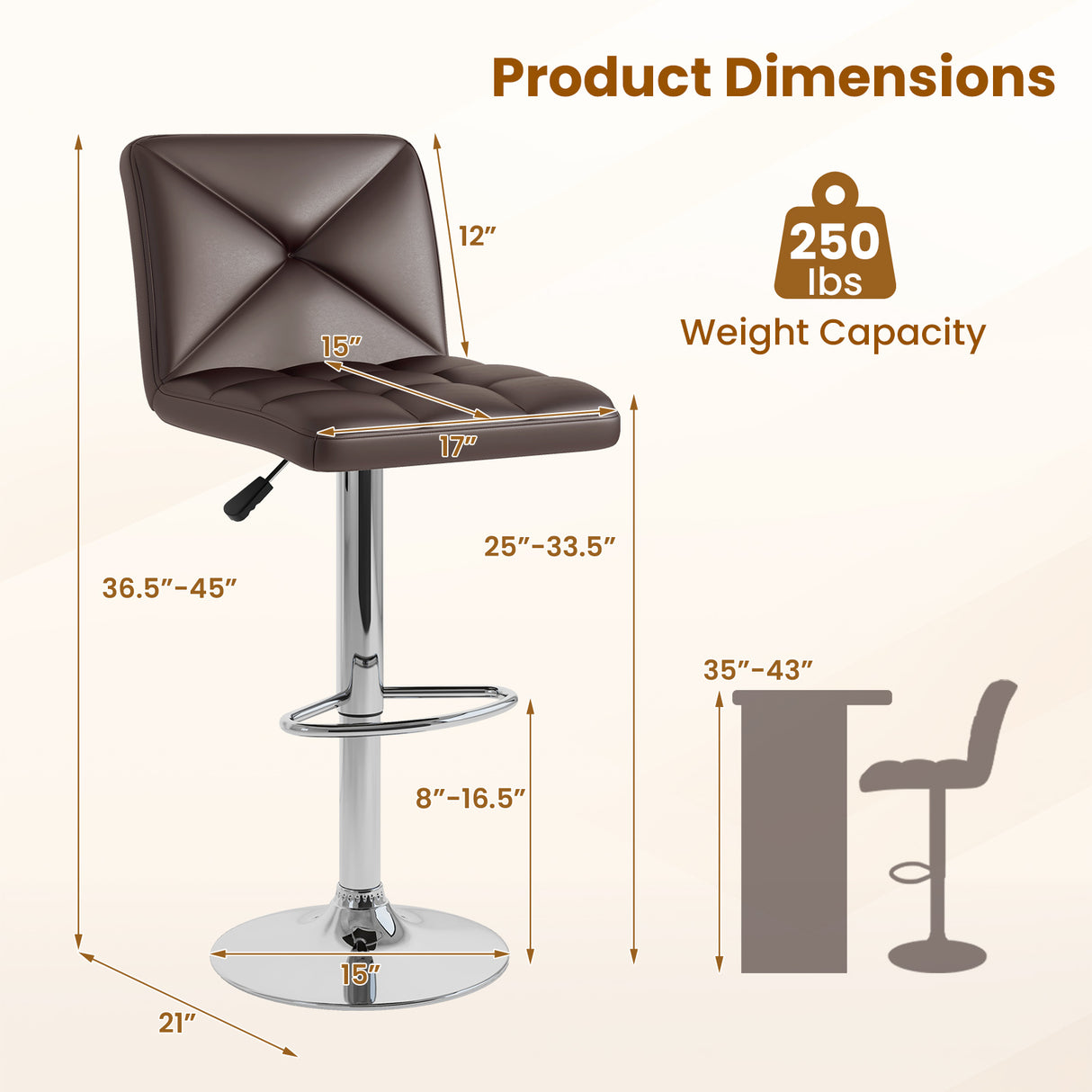 PU Leather Upholstered Bar Stools Set of 2 with Back and Adjustable Height-Brown