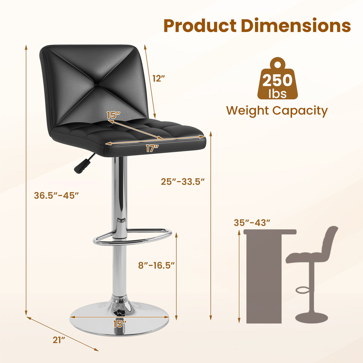 PU Leather Upholstered Bar Stools Set of 2 with Back and Adjustable Height-Black