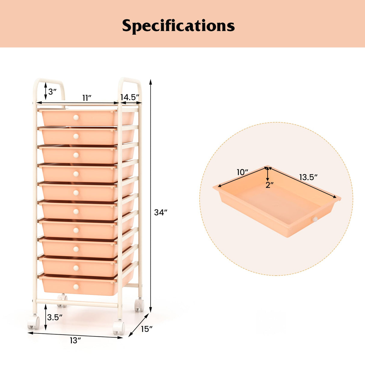 10 Drawer Rolling Storage Cart Organizer with 4 Universal Casters-Cherry by DirectDeals