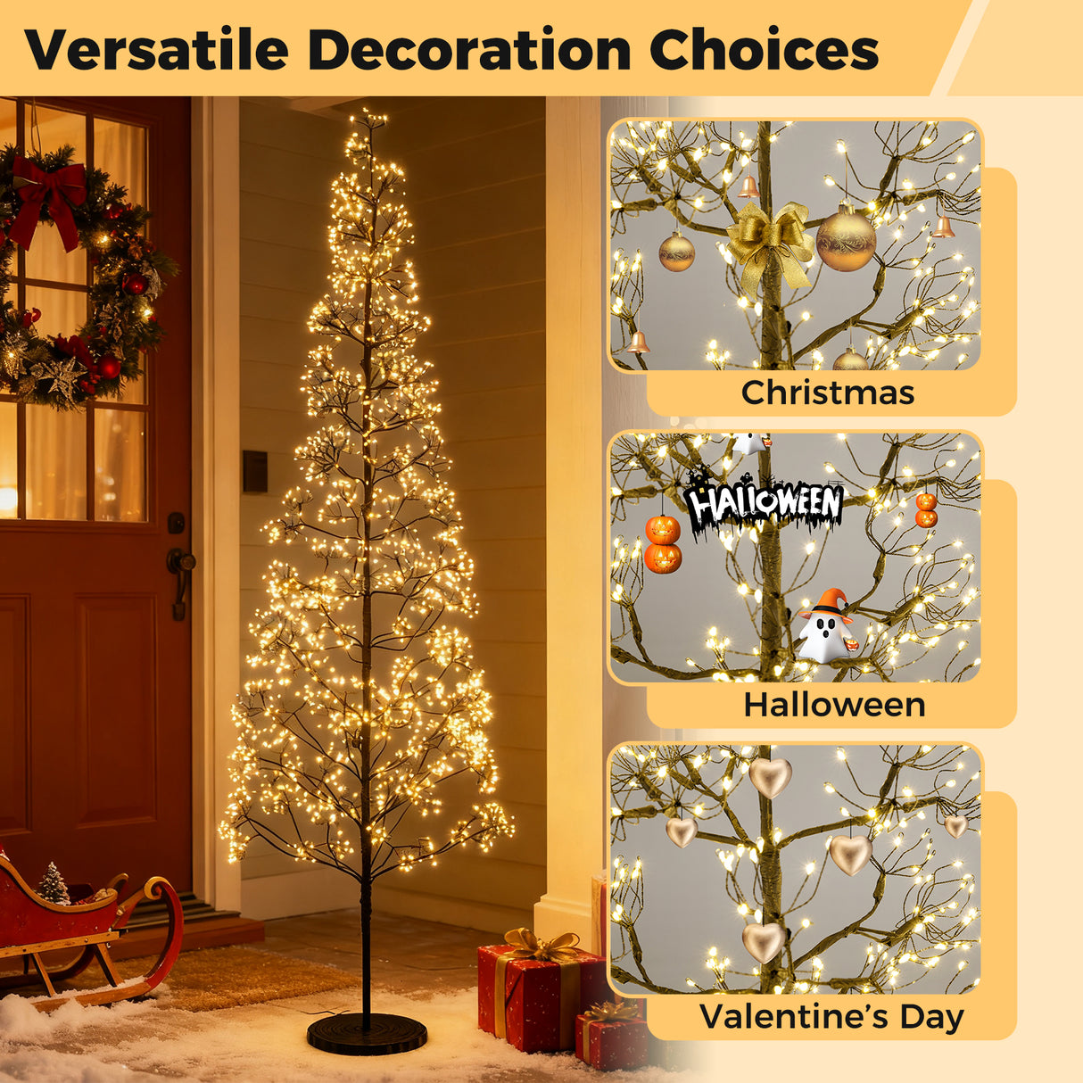 5/6/7 FT Lighted Alpine Tree with Warm White Light LED Lights Pre-lit Artificial Cedar Tree with Weighted Base-7 ft