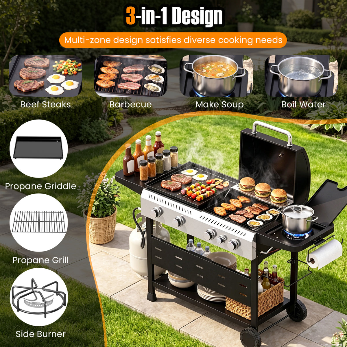 5-Burner Propane Gas Grill and Griddle Combo with Side Burner-Black
