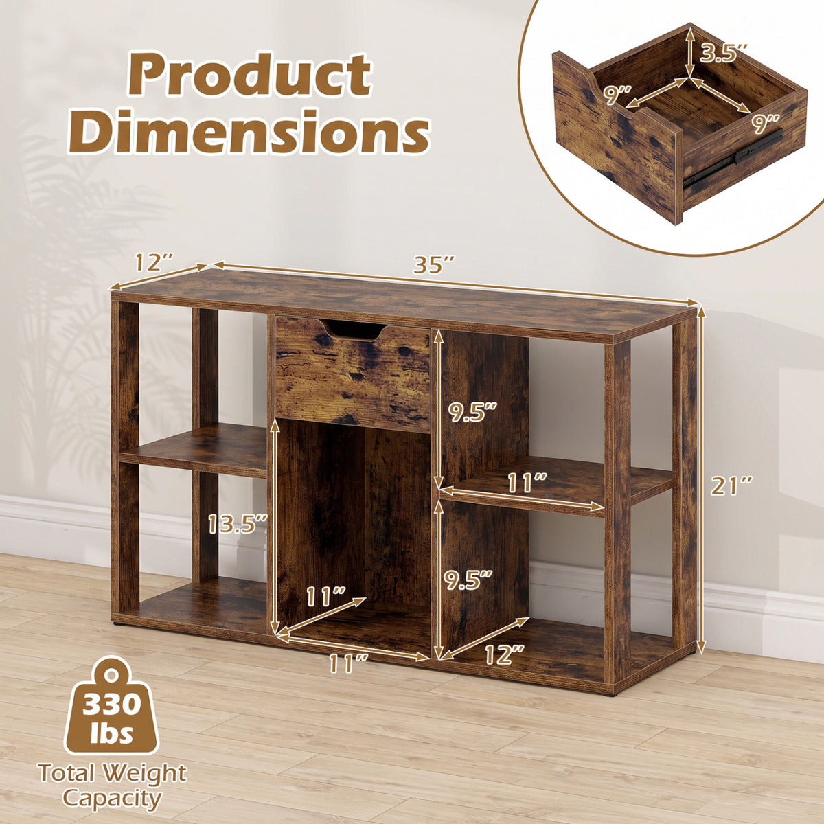 5-Cube Bookcase with Storage Drawer Freestanding Bookshelf Modern Display Rack-Rustic Brown