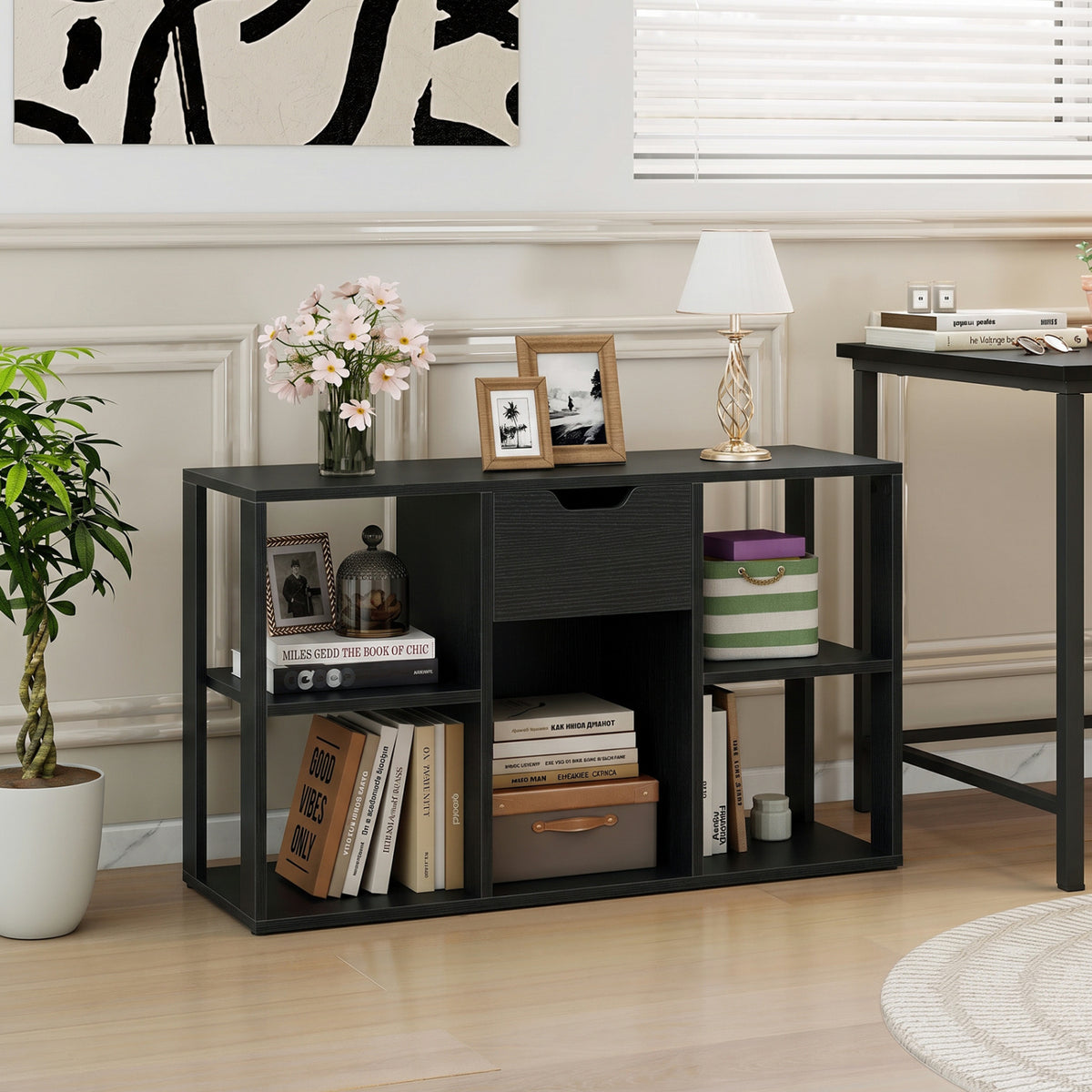 5-Cube Bookcase with Storage Drawer Freestanding Bookshelf Modern Display Rack-Black