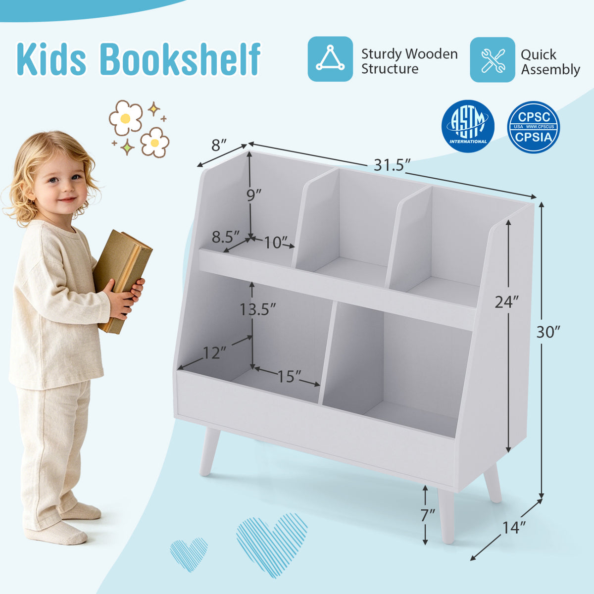 5-Cube Kids Bookshelf and Toy Organizer with Anti-Tipping Kits-Light Gray