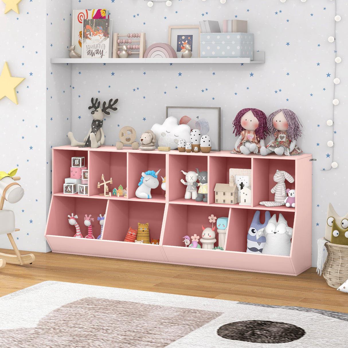 5-Cube Wooden Kids Toy Storage Organizer with Anti-Tipping Kits-Pink