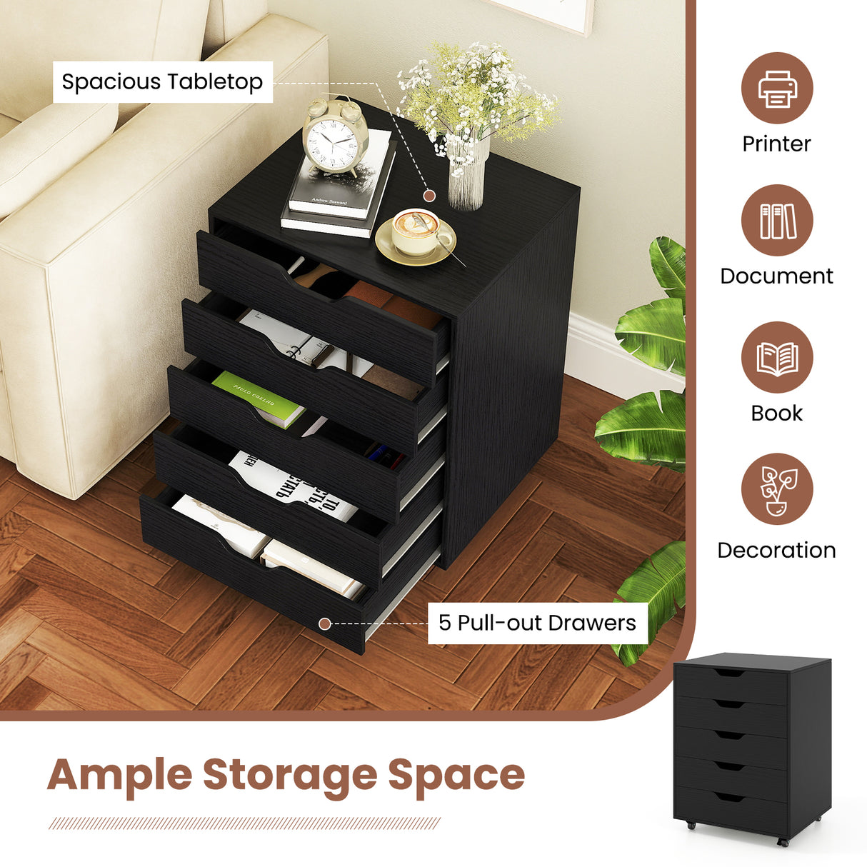 5 Drawer Mobile File Cabinet with Wheels for Living Room-White