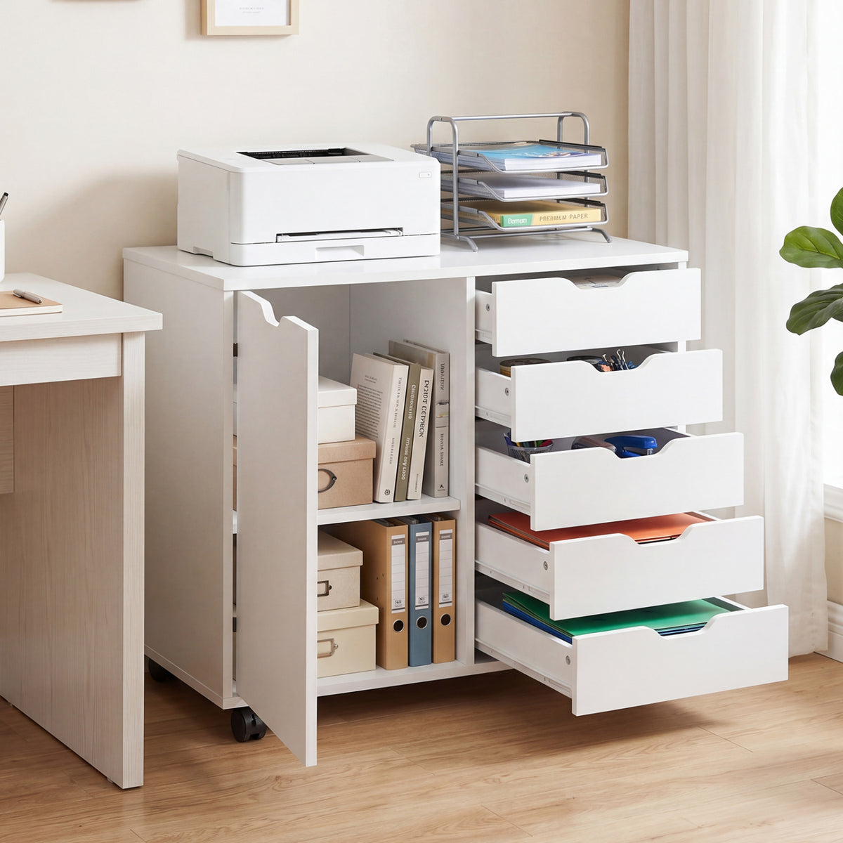 5 Drawer Storage Cabinet on Wheels with Adjustable Shelf-White