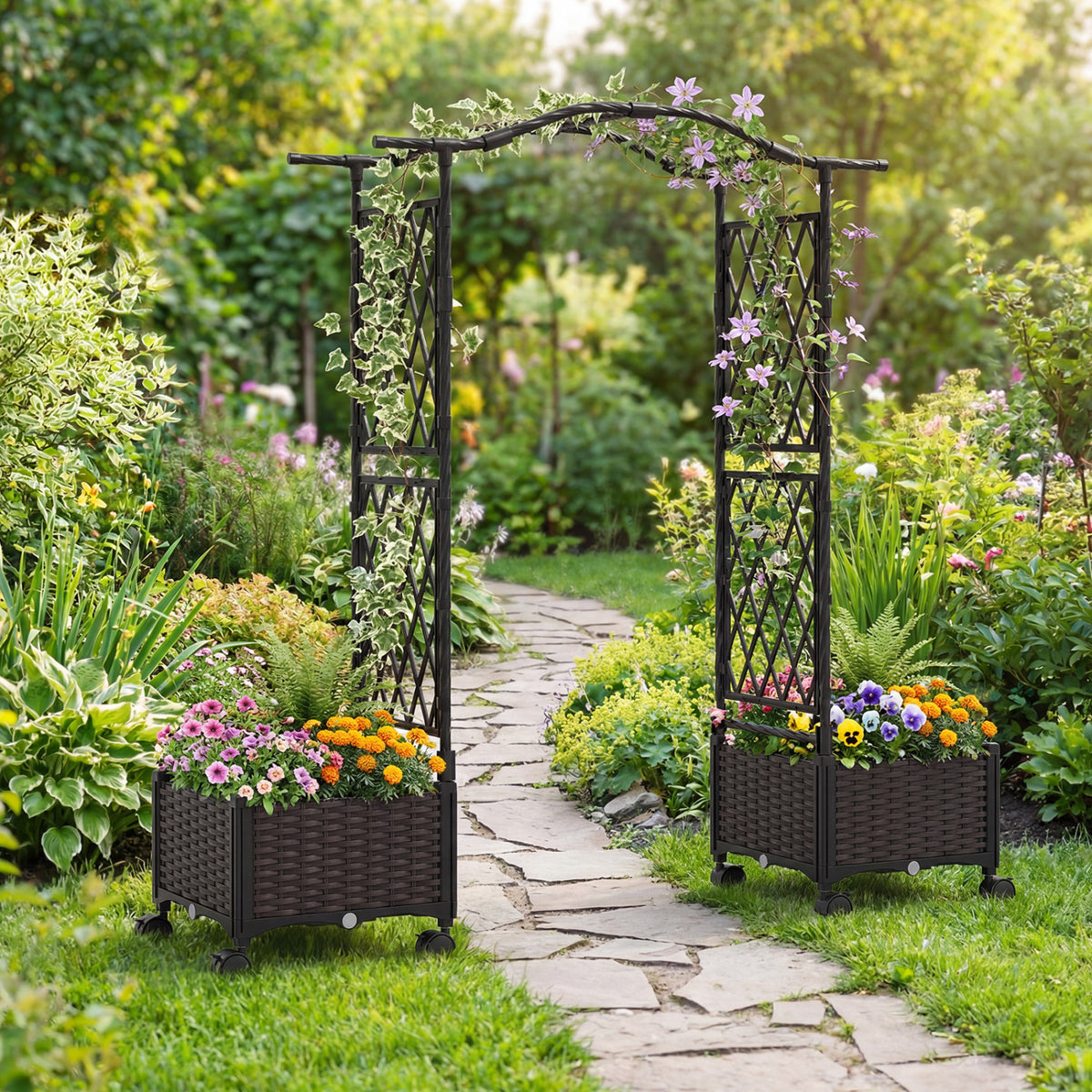 5 FT Tall Raised Garden bed with Lockable Wheels and Hanging Roof for Climbing Flowers-Brown