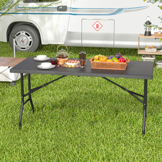 5FT Folding Picnic Table with Wood Grain HDPE Tabletop and Non-slip Foot Pads-Black