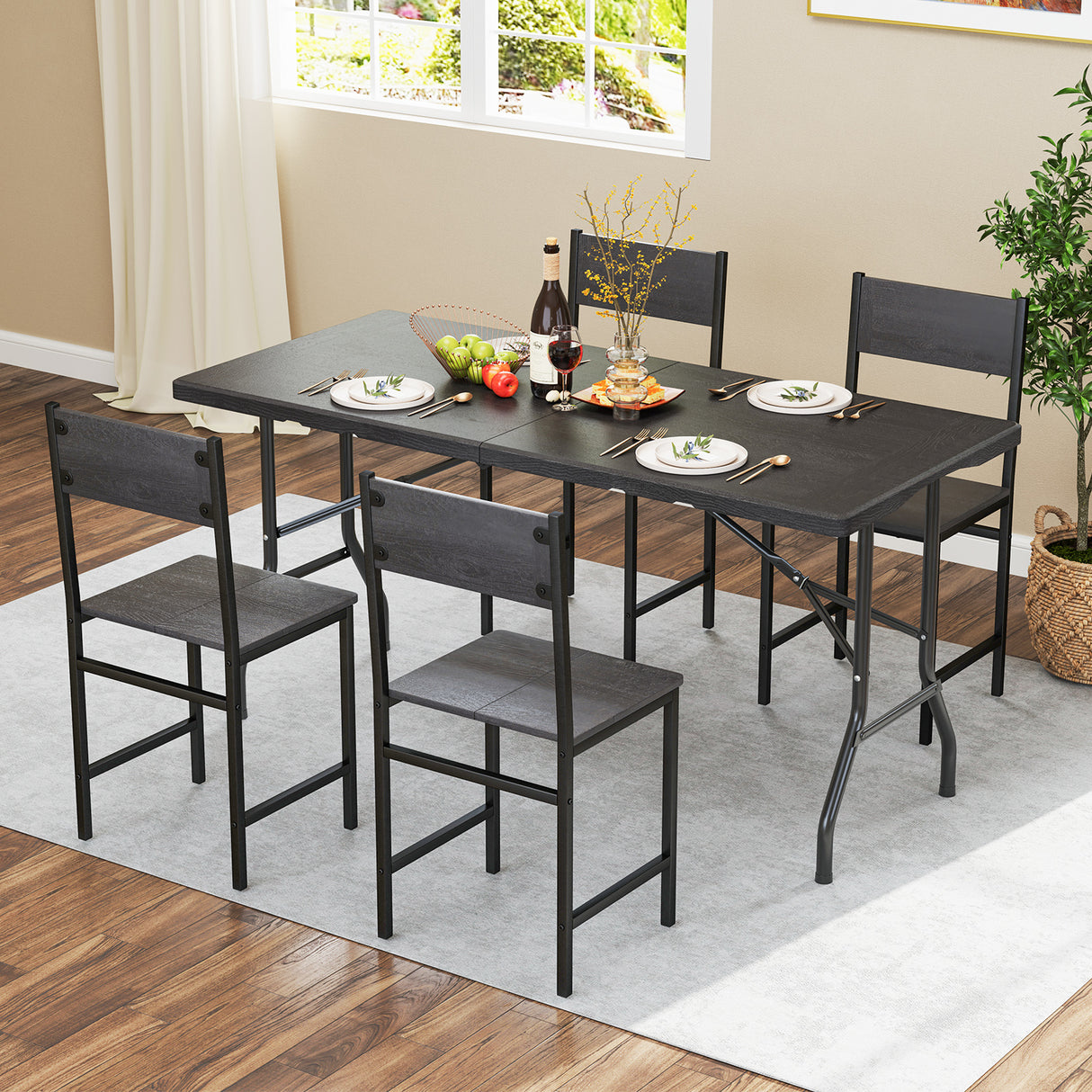 5FT Folding Picnic Table with Wood Grain HDPE Tabletop and Non-slip Foot Pads-Black