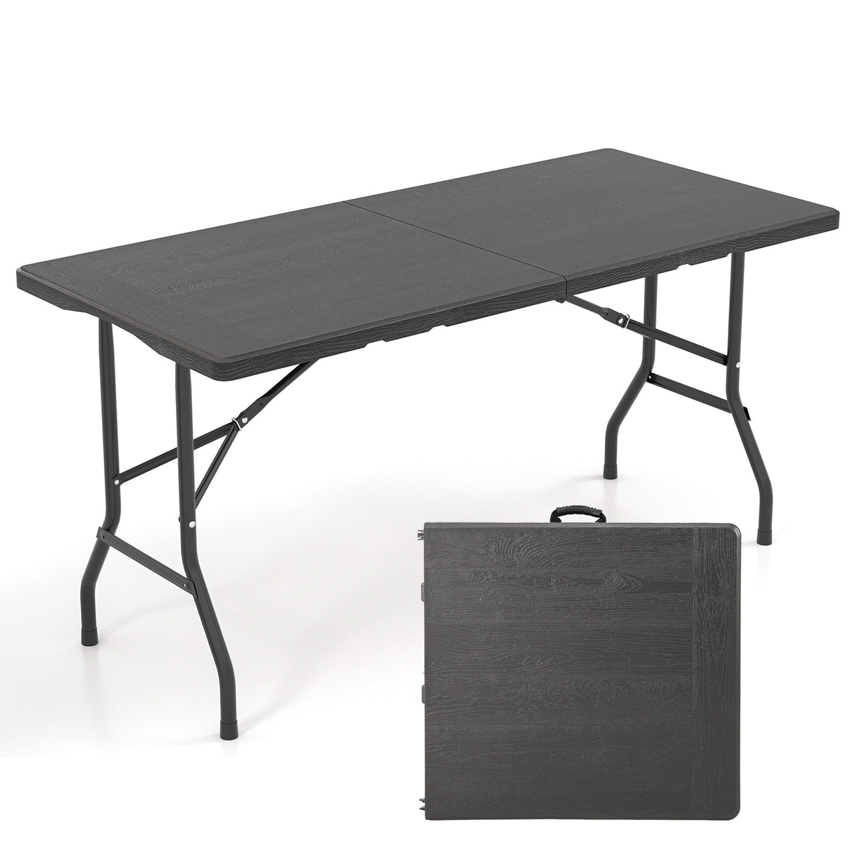5FT Folding Picnic Table with Wood Grain HDPE Tabletop and Non-slip Foot Pads-Black