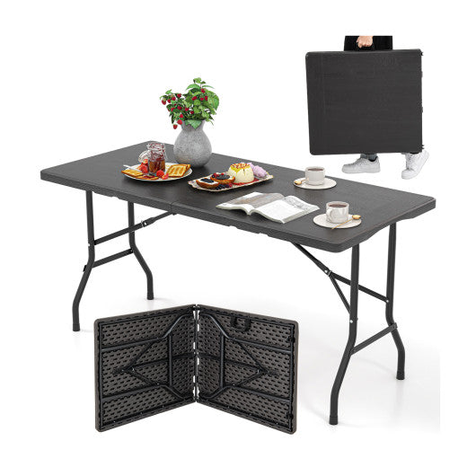 5FT Folding Picnic Table with Wood Grain HDPE Tabletop and Non-slip Foot Pads-Black