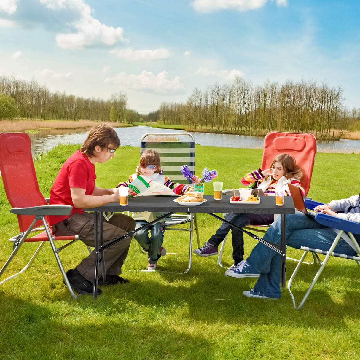 5FT Folding Picnic Table with Wood Grain HDPE Tabletop and Non-slip Foot Pads-Black