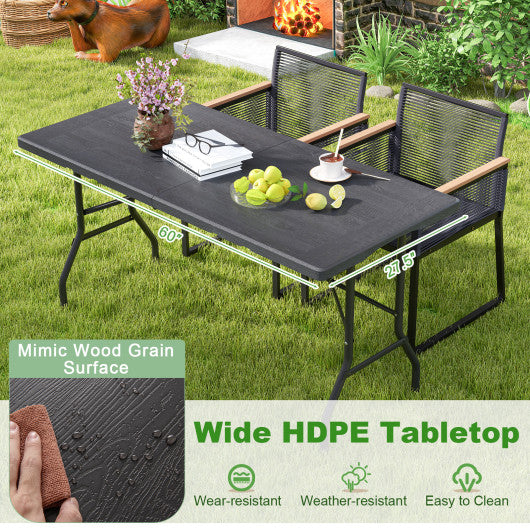 5FT Folding Picnic Table with Wood Grain HDPE Tabletop and Non-slip Foot Pads-Black