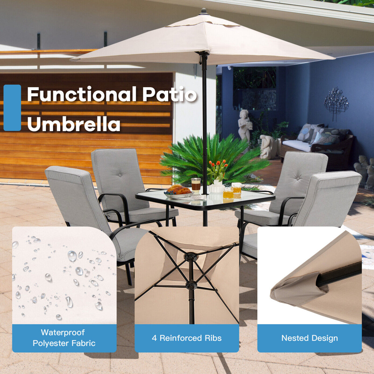 5 Feet Patio Square Market Table Umbrella Shelter with 4 Sturdy Ribs-Beige