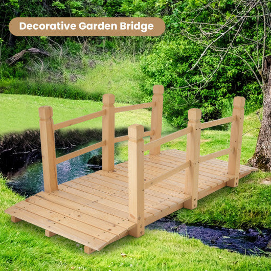 5 Feet Wooden Garden Bridge with Safety Rails-Natural