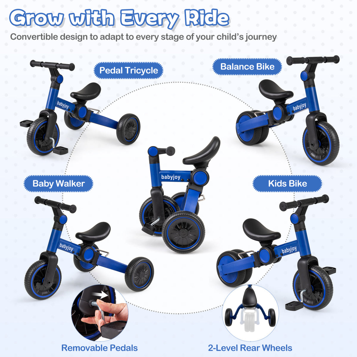 5-In-1 Toddler Bike Kids Balance Bike with Removable Pedals-Blue