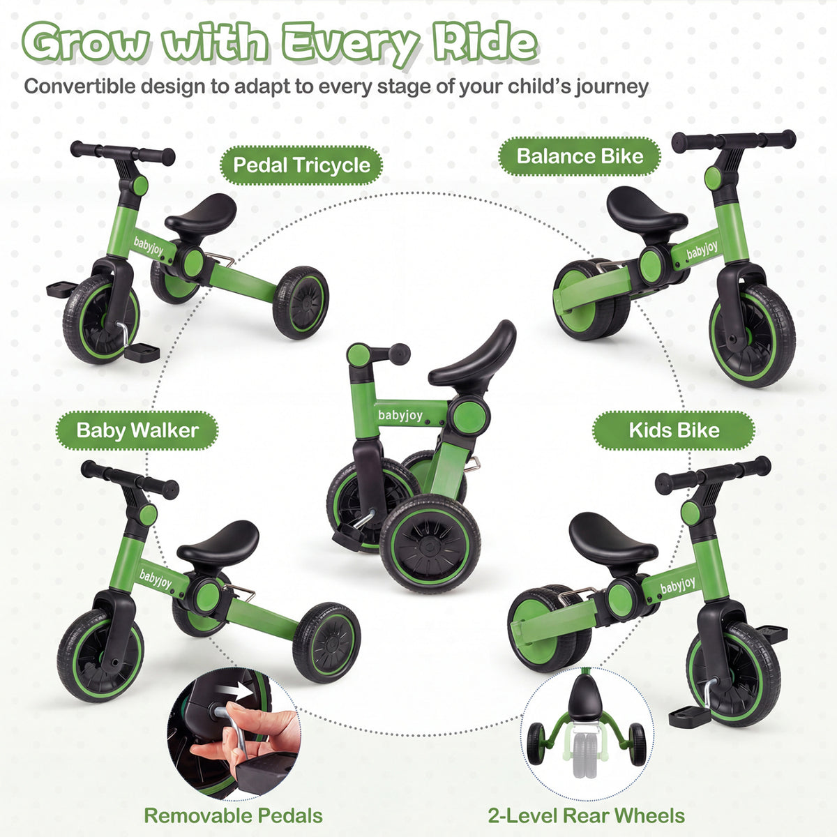 5-In-1 Toddler Bike Kids Balance Bike with Removable Pedals-Green
