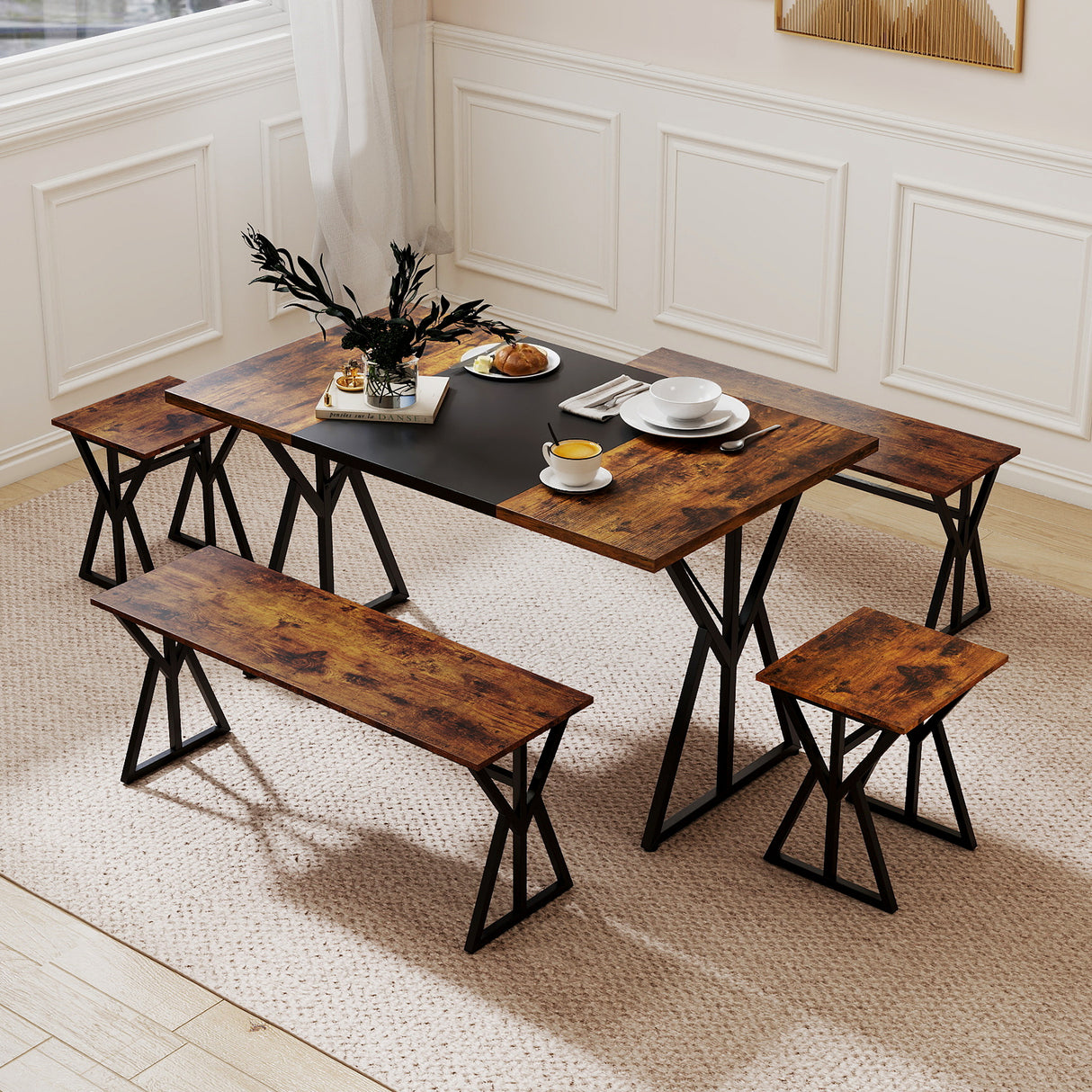 5-Piece Dining Room Set Industrial Rectangular Kitchen Table with 2 Benches and 2 Stools-Rustic Brown