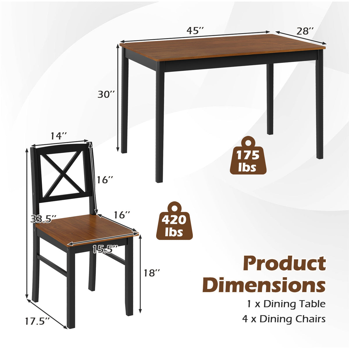 5 Piece Dining Table Set with Rectangular Kitchen Table and 4 Chairs for 4 People-Coffee