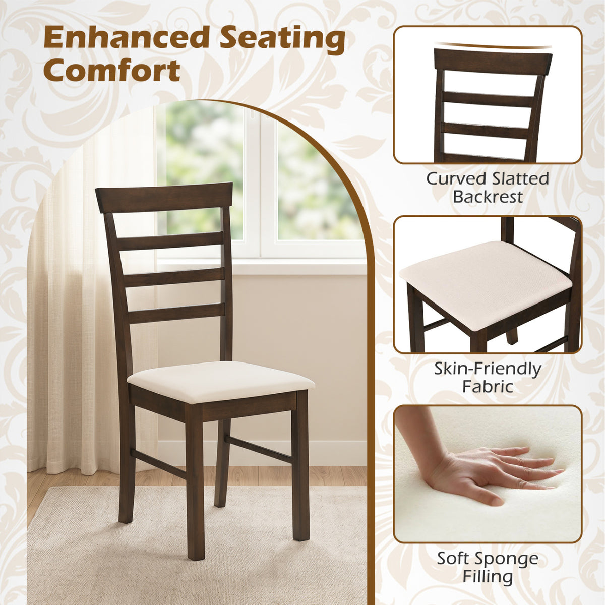 5-Piece Dining Table Set for 4 with Upholstered Chairs for Small Space and Dining Room-Brown