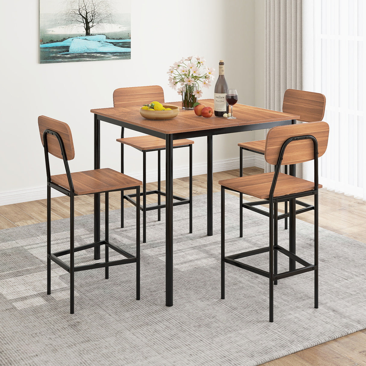 5-Piece Industrial Dining Table Set with Counter Height Table and 4 Bar Stools-Teak